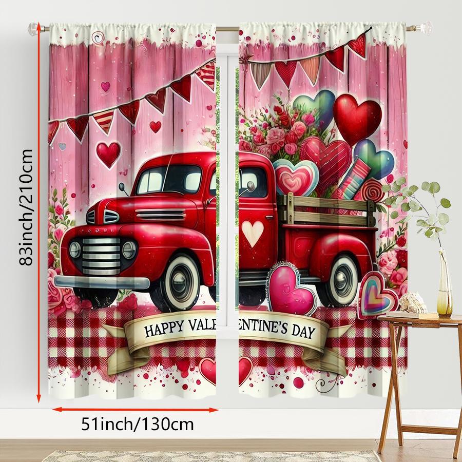 2pcs Valentine's Day Red Truck Curtains   Romantic Pink Heart Pattern   Living Room Bedroom Decor   with Rod Pocket