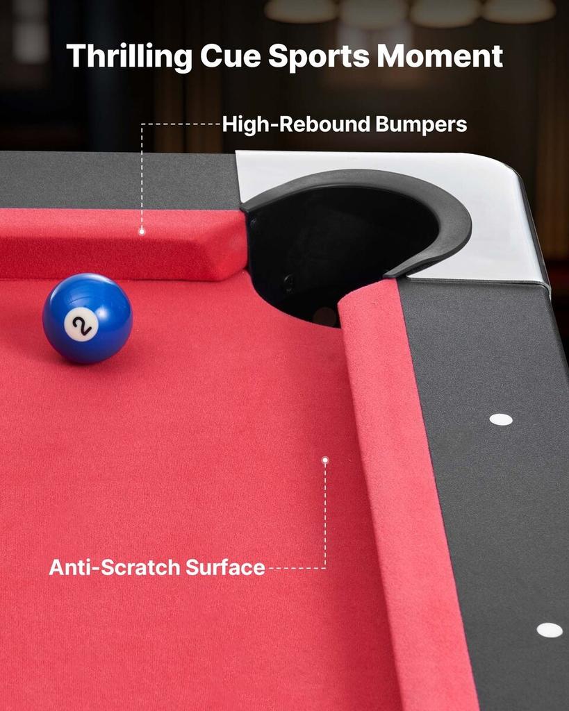 Pool Table, 183cm Portable Billiards Tables, Adjustable Feet Stable Game Table, Entertainment Set Includes Ball, Cue, Rack, Chalk and Brush, Black