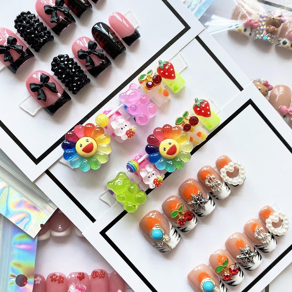 Glossy Hand Paint Thickness Acrylic Handmade Nail Sets 10PCS Multicolor Luxurious Gorgeous UV Gel Carved Artificial Manicure Art