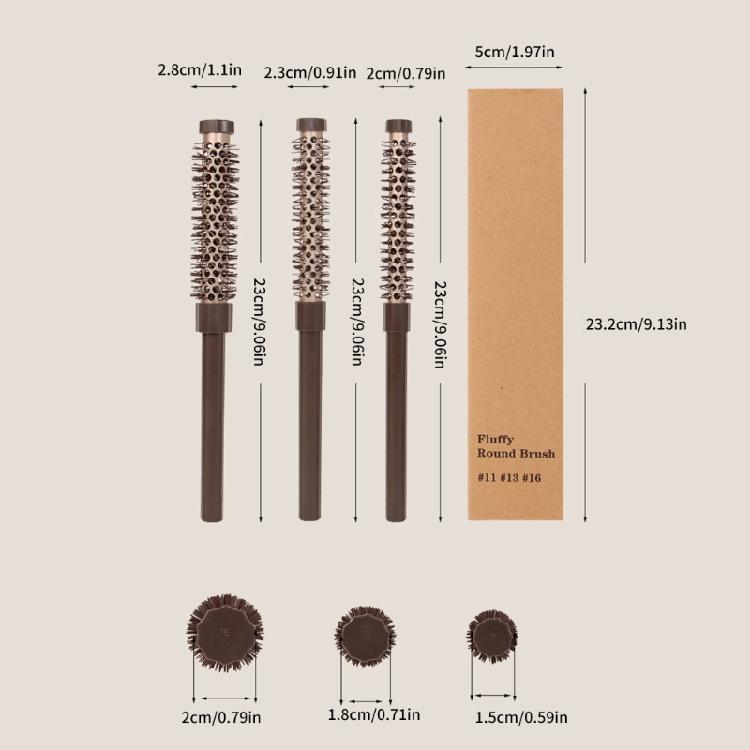 3Pcs Round Brush Set for Effortless Blow Drying and Styling of Short Hair with Comfortable Handle and Ceramics Barrels