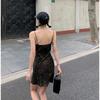 2026 Spring/Summer V-Neck Leopard Print Off-Shoulder Spaghetti Strap Mid-Length Slimming Dress