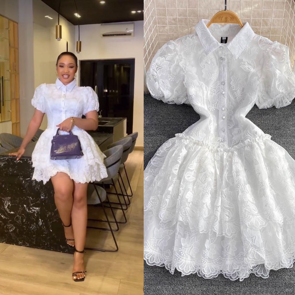 Abito Mini A-line da Donna con Ricamo di Pizzo Maniche a Sbuffo Collo a Revers A Strati per Festa