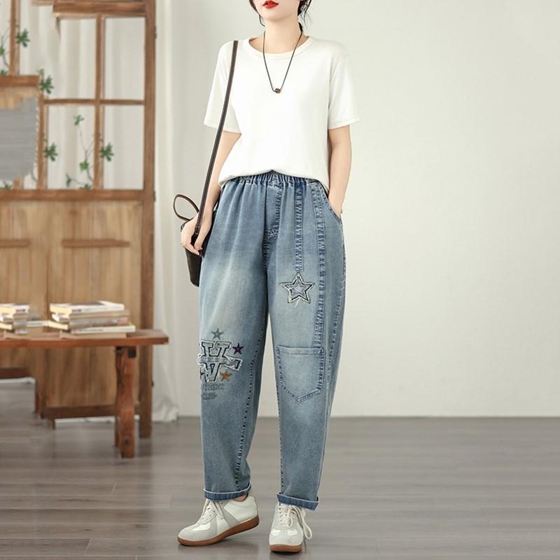 Taglie forti Vintage ricamo vita alta casual larghi Donna Primavera estate autunno jeans denim Pantaloni Harem