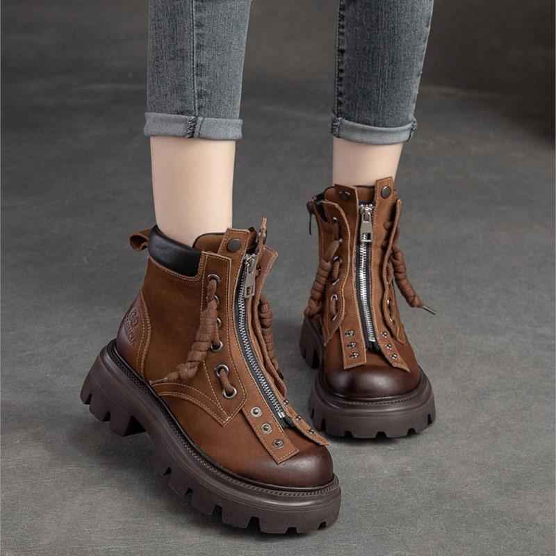 Johnature Retro Genuine Leather Women's Shoes Round Toe Thick Sole Versatile Short Boots