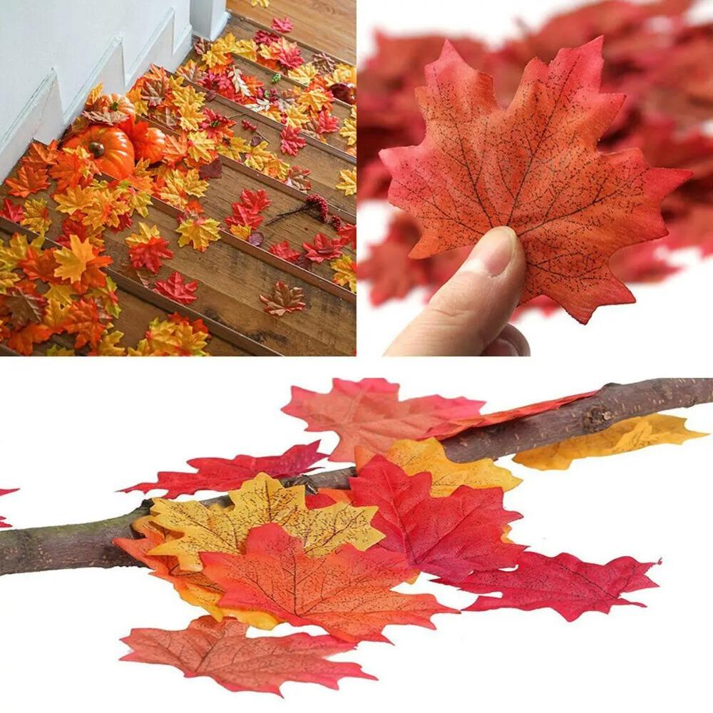 50Pcs Artificial Silk Maple Leaf Autumn Fake Leaves Garland Maple Leaves Vine Thanksgiving Halloween Wedding Party Decor