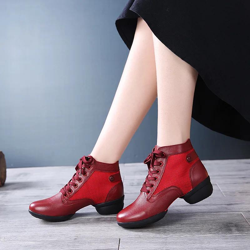  Fashion Woman Genuine Leather Boots Square Dance Shoes Increase Women Sneakers Boots Soft Sole Modern Girls Dance Shoes