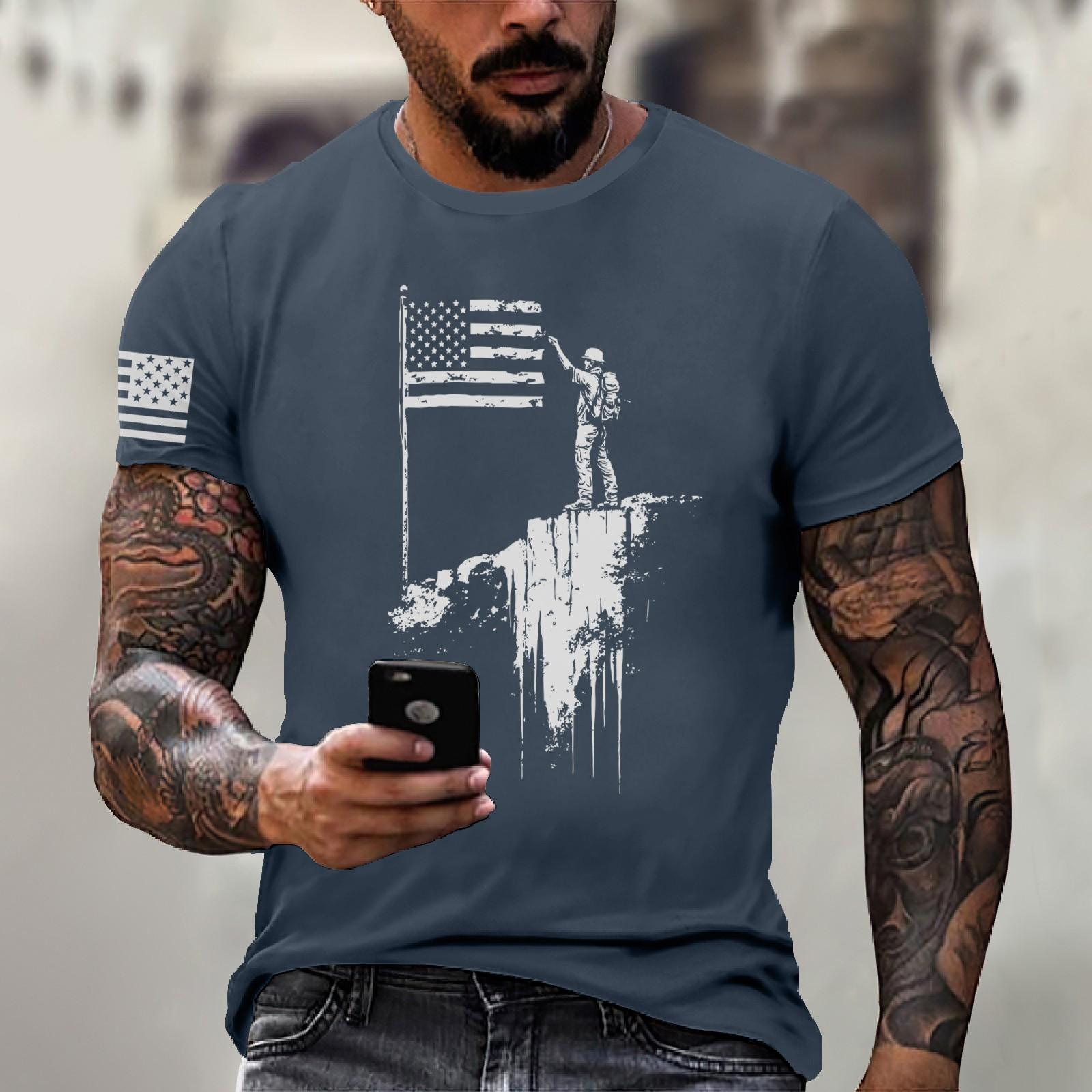 

Мужская модная повседневная футболка с коротким рукавом и круглым вырезом с надписью «День независимости» XL тёмно-синий