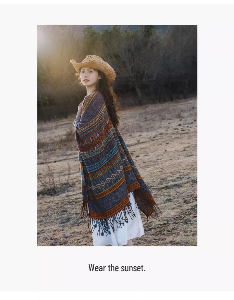 Pelerină de damă în stil etnic nord-vestic: Șal și eșarfă groase de prerie din Xinjiang, Tibet și Yunnan