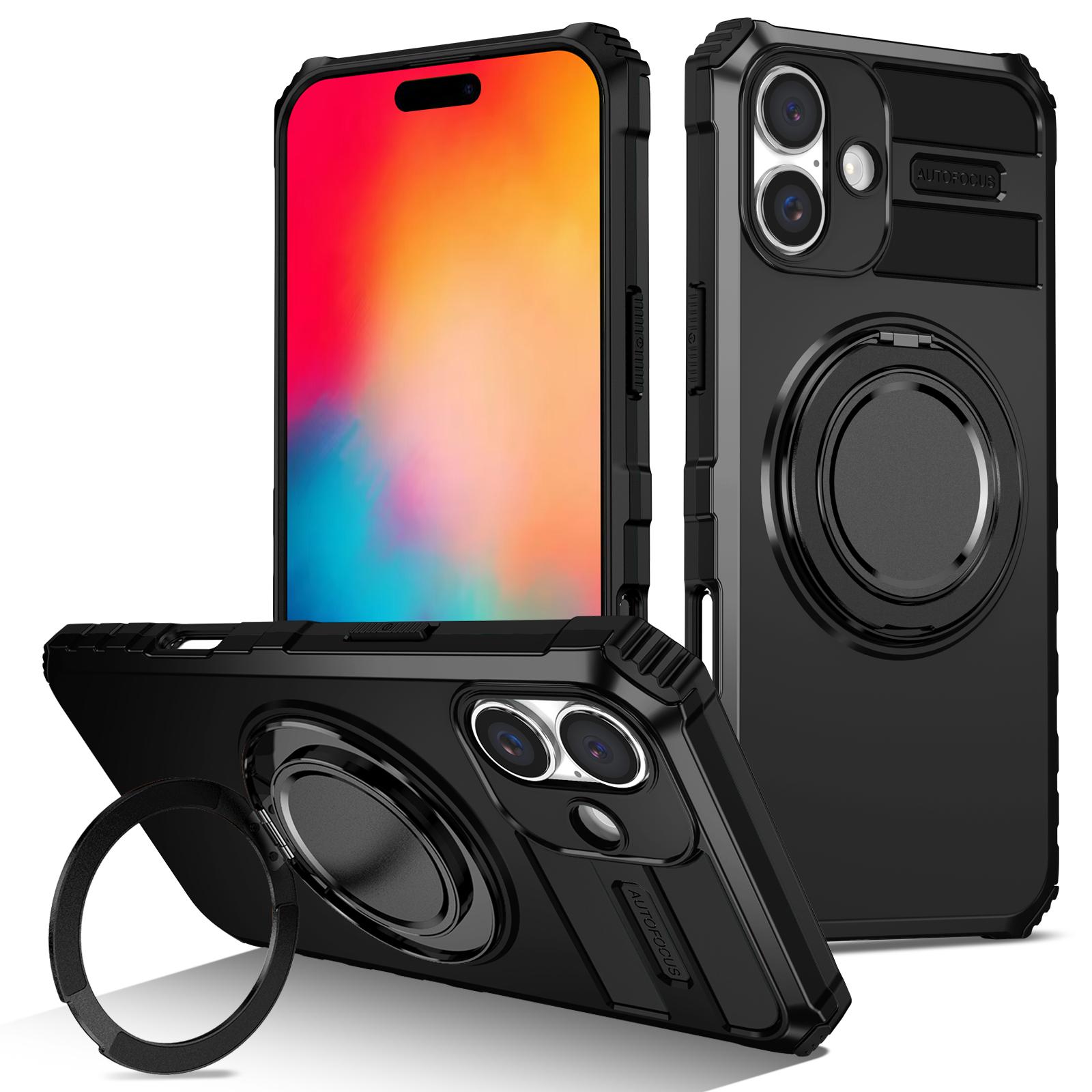 For iPhone 16 Case Compatible with MagSafe Rotary Kickstand Anti-Drop TPU+PC Phone Cover B