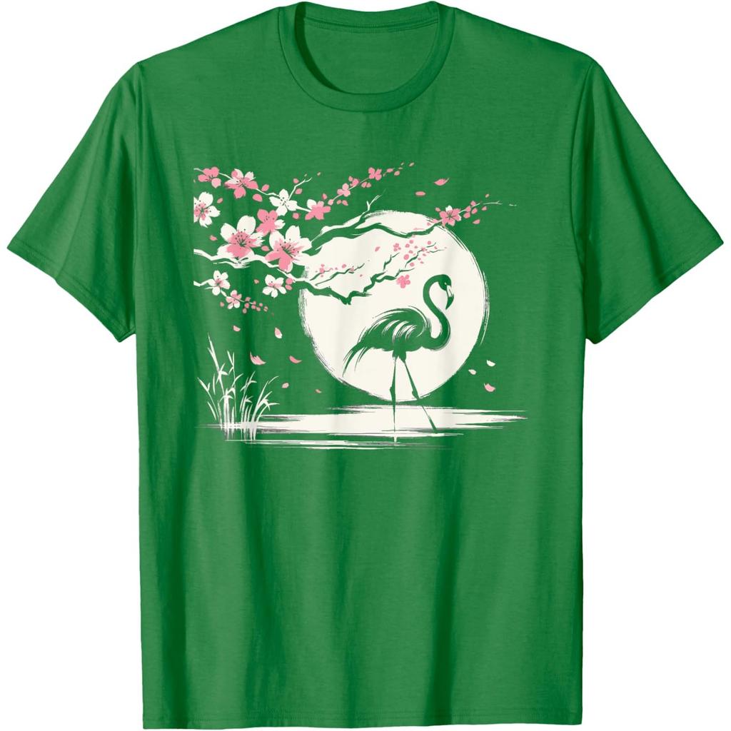 Flamingo Cherry Blossom Graphic Tee Japanese Style Vintage Art Print Casual O-Neck T-Shirt for Men