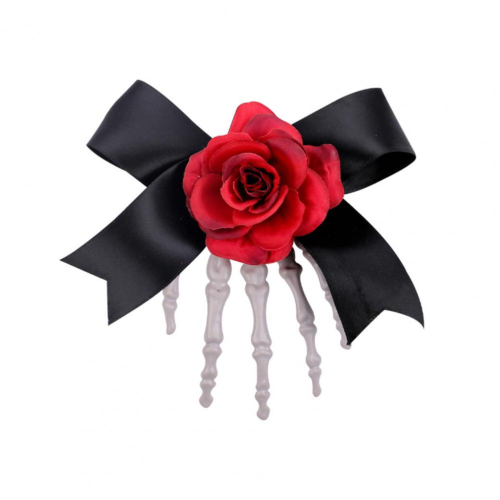 Halloween Hair Pin Skeleton Hand Frame Artificial Rose Flower Bow Decoration Hair Clip Dark Horror Style Hairpin