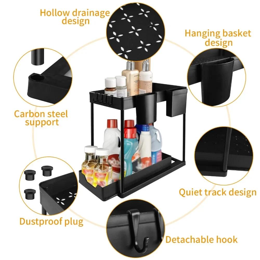 2 Tier Under Sink Storage Kitchen Organiser Sliding Storage Under Sink shelf Multi-Purpose Organisation Bottom Slide Out Basket