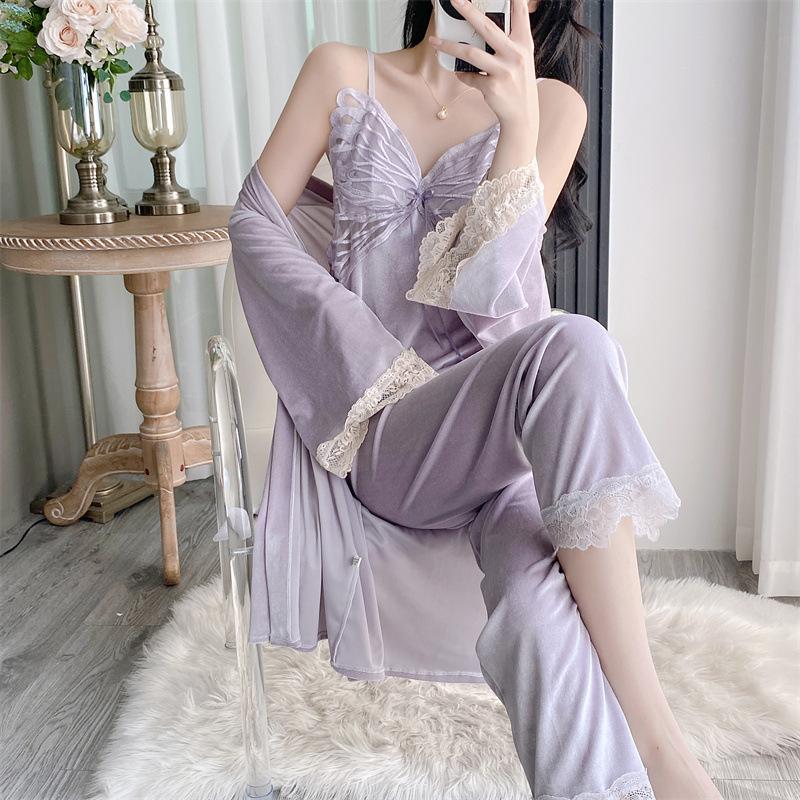 New golden velvet autumn and winter pajamas women's sexy backless suspender trousers set butterfly nightgown with chest pad air-conditioned clothes