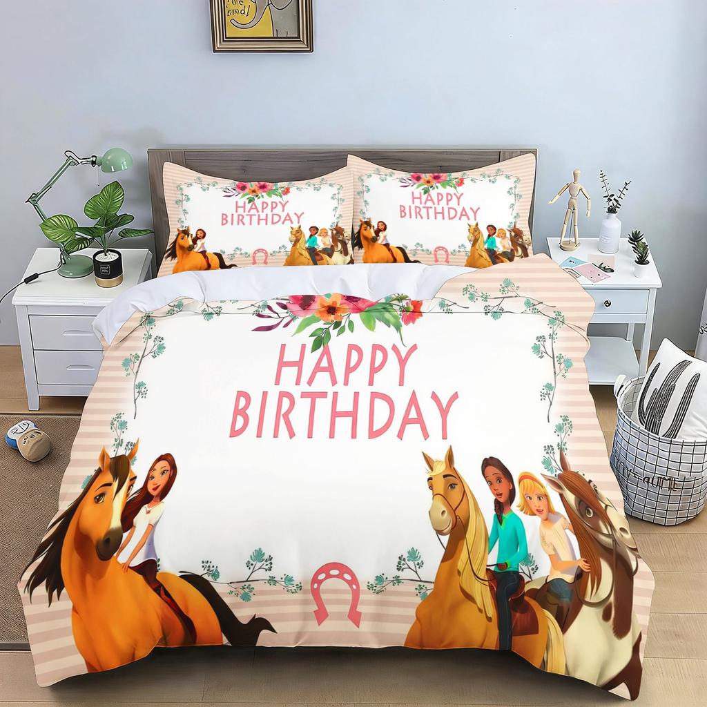 Spirit Riding Free Cartoon Horse Bedding Set Running Horses Print Duvet Cover Pillowcase Soft Kids Bedroom Bed Linens