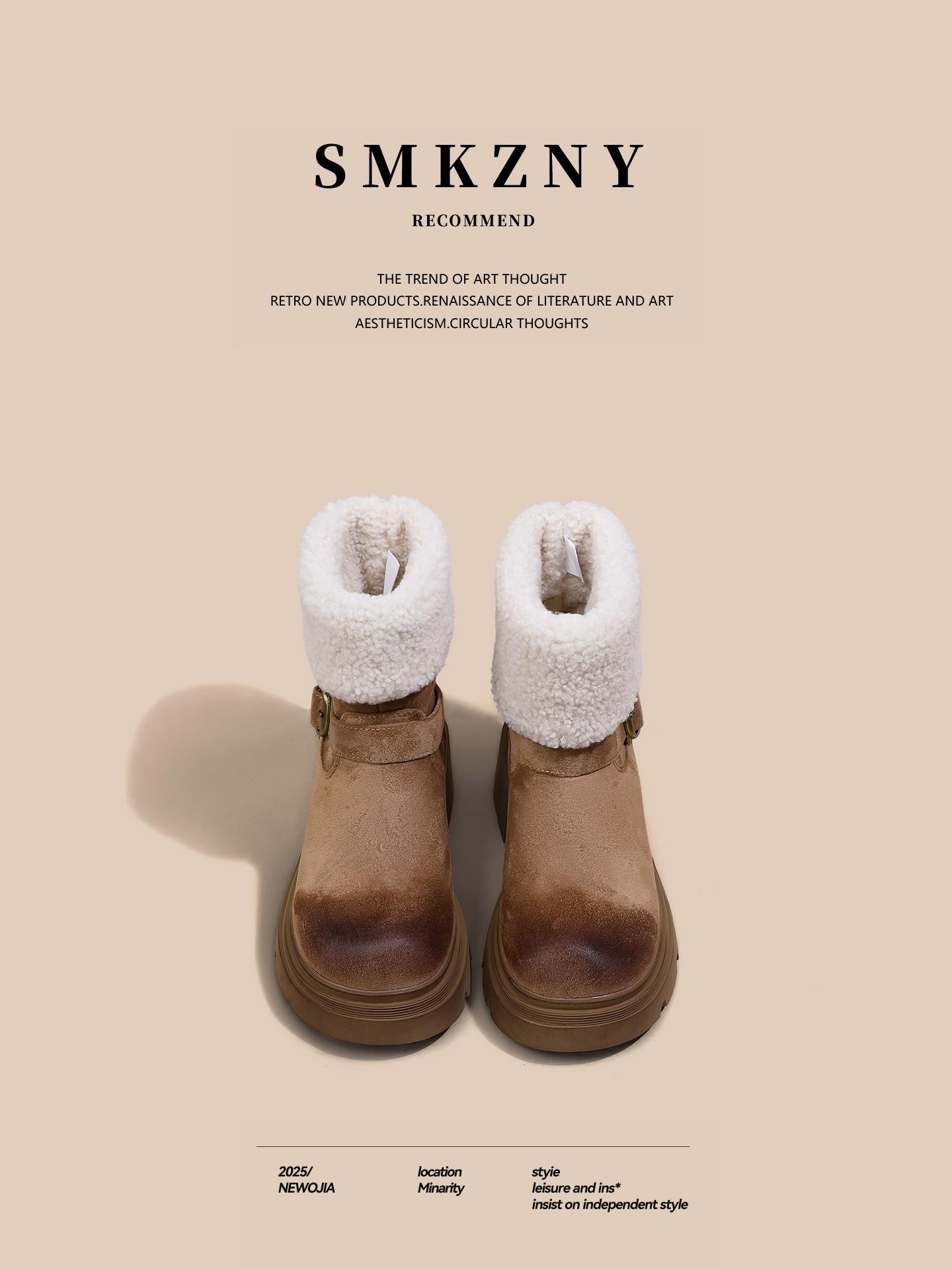 

Blue cabinet, muffin thick-soled foreign style and thin high-end snow boots 2025 winter plush shoes fashion cotton shoes 40 абрикосовий