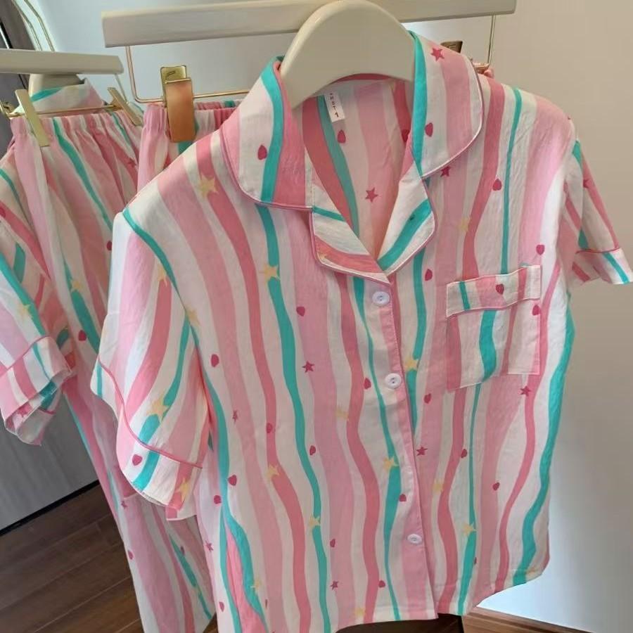 

ins sweet rainbow striped pajamas women s summer short-sleeved shorts cute suit beautiful girl can wear loungewear S [recommended weight 35-40kg]