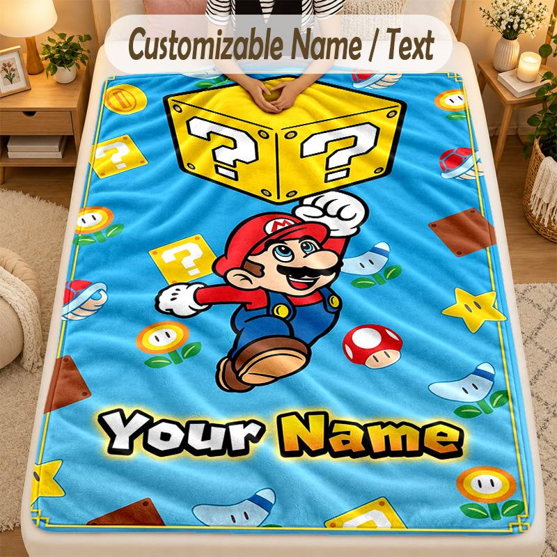 Flannel BlanketSuper Mario Custom Name Text Personalized Soft Warm Throw Blanket Home Decor Gift