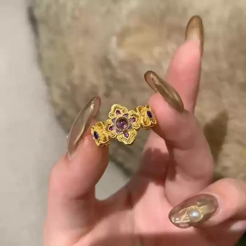 24k Oil Drop Flower Opening Ring Women's Niche Design, Fashionable Light Luxury Ring Versatile Jewelry Women