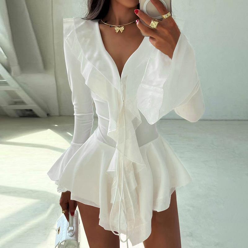 2026 Autumn Women s V-neck Ruffle Dress with Bell Sleeves L белый