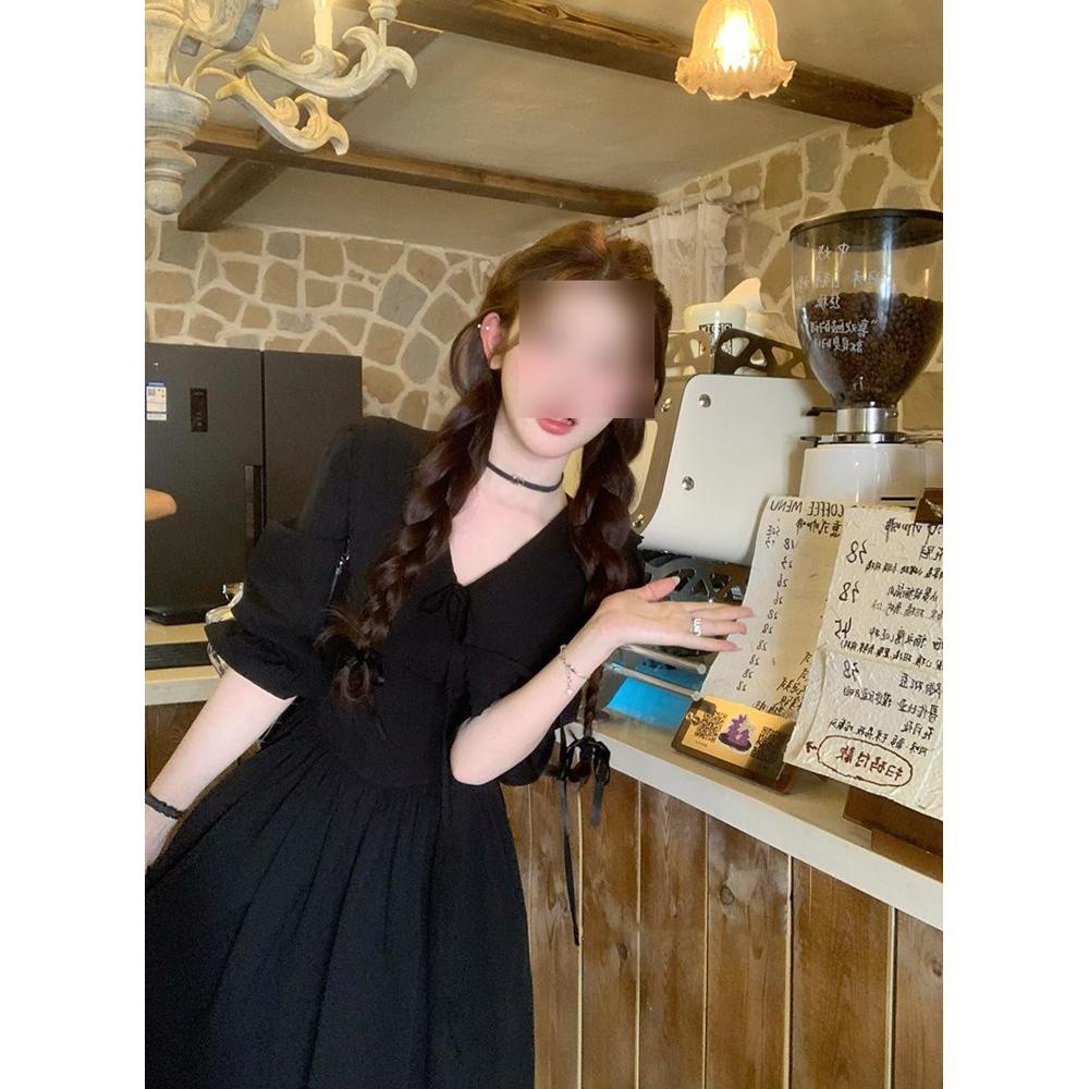 Early summer new casual temperament long dress black v-neck long-sleeved dress children's year