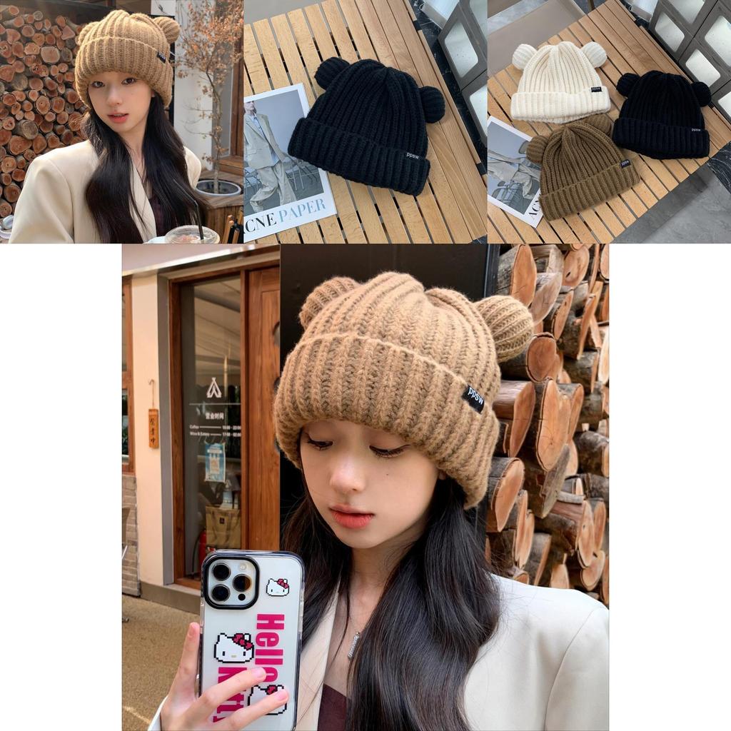 Cute Bear Design Knit Beanie For Women Stylish Autumn Winter Ear Warmer Hat