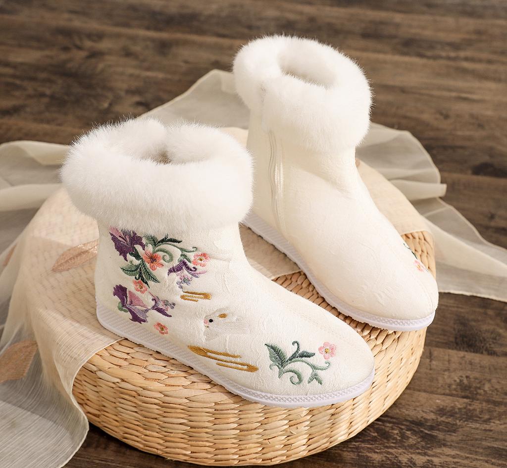 Dame Vinterstøvletter med Fuskepelsfôr Utendørs Sklisikre Ankelstøvletter med Broderi Glidelås Casual Korte Ankelstøvletter med Plysjfôr for Damer