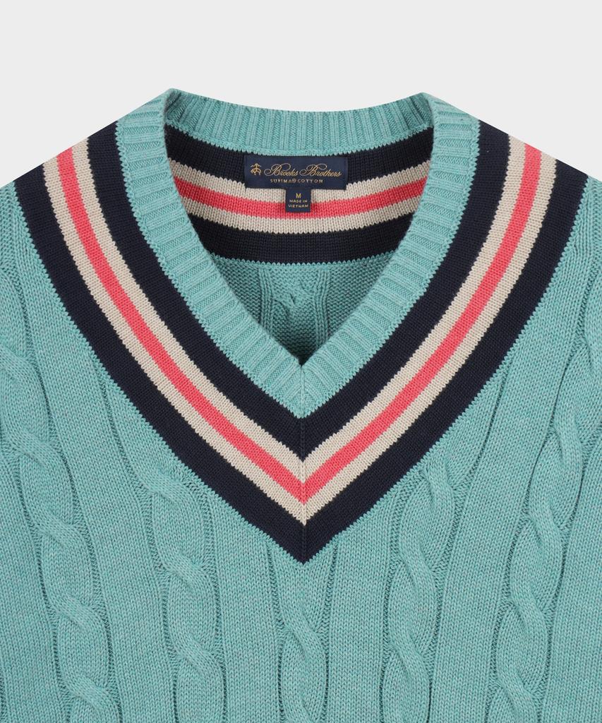 BROOKS BROTHERS Tennis V-Neck Cable Sweater (Light Blue) (Bbwnmmg102)