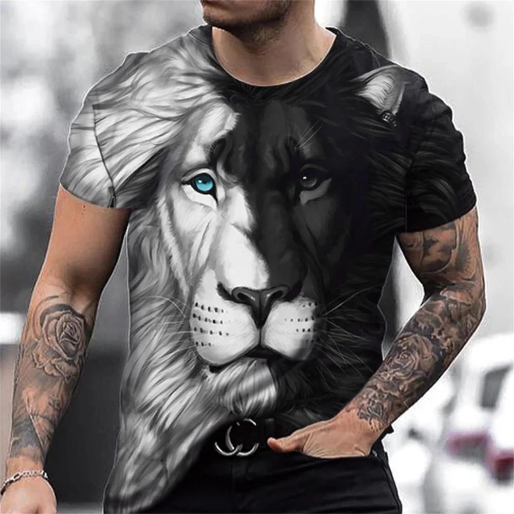 Summer Round Neck 3D Fighting Animal Beast Fierce Tigers Lions Leopards Print Top Fashionable Casual Short Sleeved Men's T-shirts