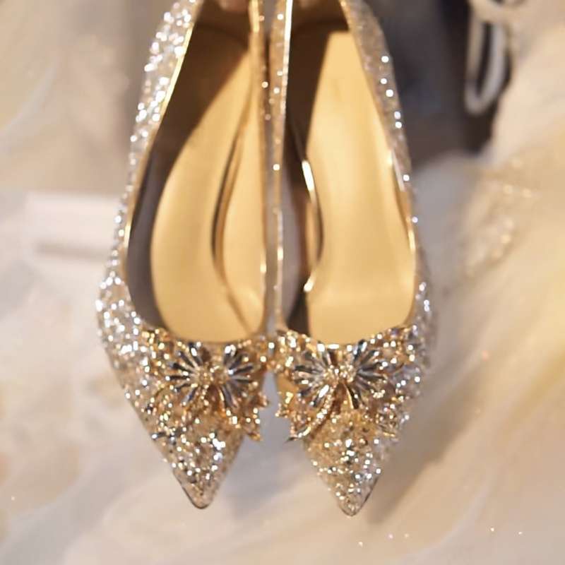 Zhang Qingqing same bow wedding shoes main wedding dress rhinestone crystal shoes bride shoes adult ceremony high heels 2025