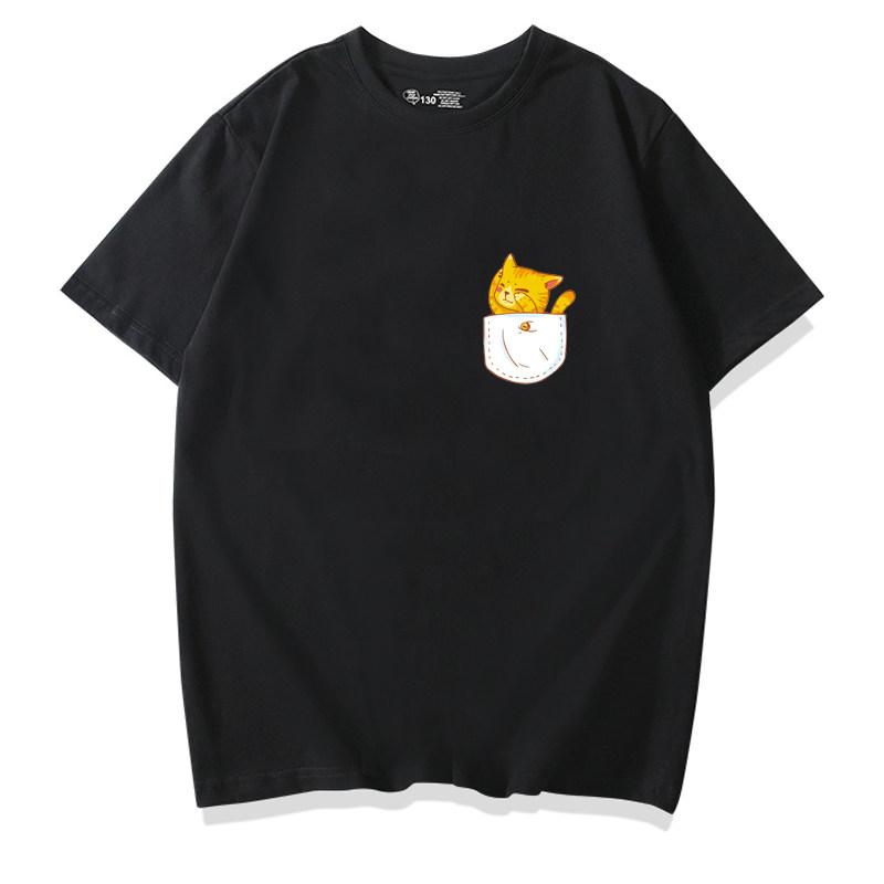 Healing Cute Pocket Cat Shiba Inu Pure Cotton Cartoon Printed Tshirt Summer New Unisexs and Unisexs Casual Loose Short Sleeve