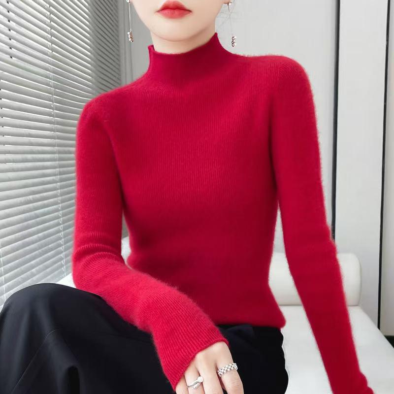 Women’s 2025 Autumn/Winter Pure Wool Sweater, Half-High Neck, Ribbed, Slim-Fit, Figure-Flattering with Cashmere Inner Layer