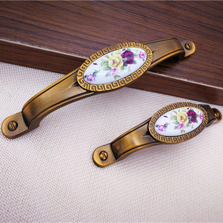 Antique Bronze Ceramic Cupboard Handle Knobs Vintage Zinc Alloy Furniture Kitchen Door Drawer Ceramic Pulls Handles