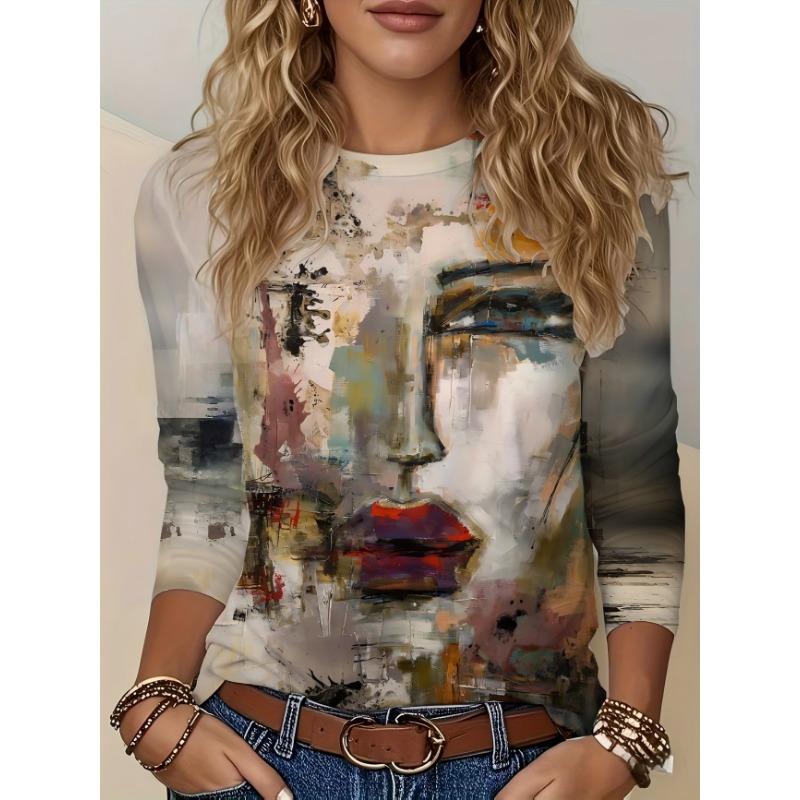 Artistic Landscape Painting Pattern, Slim Fit, Casual Round Neck, Long Sleeves, Everyday Creative Oil Painting Design Pattern.