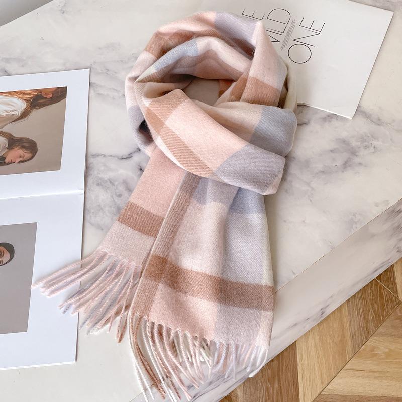 Wool scarf women's winter versatile classic plaid girl pink high-end new coat scarf