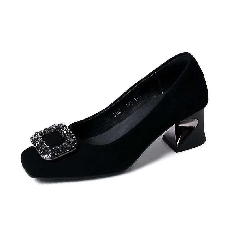 Square head shallow mouth single shoes women's spring new rhinestone square buckle black low-heeled women's shoes