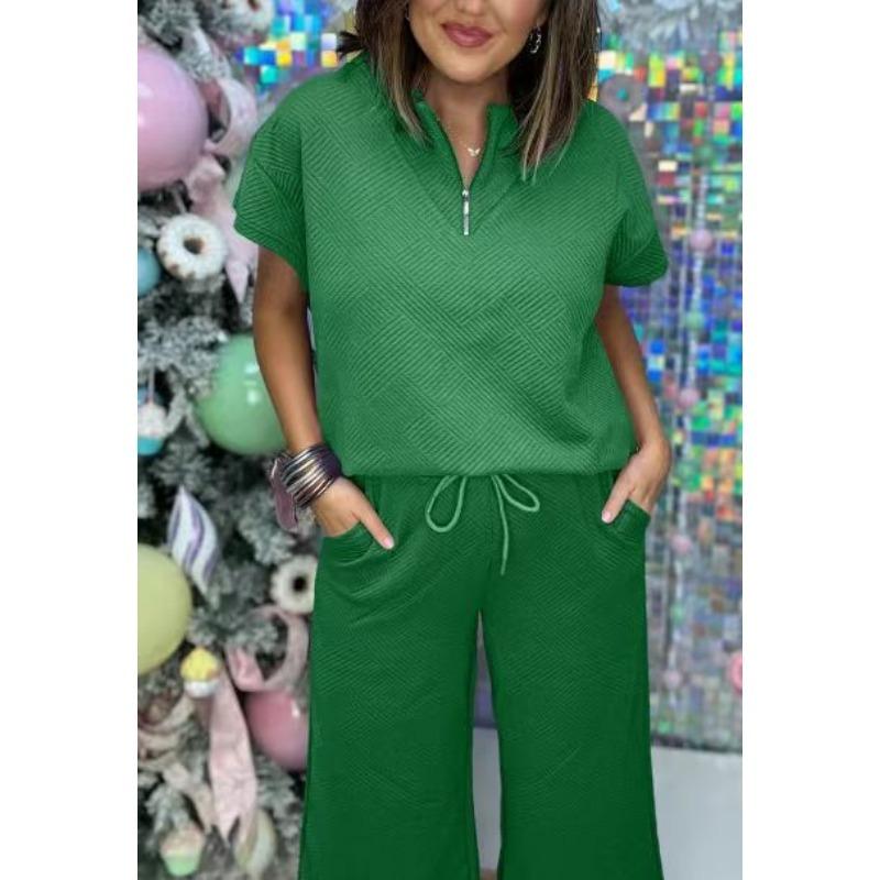 

YYFS Женская мода Повседневный Лето Весна Однотонный Принт Короткий Рукав V-образный Вырез Брюки Костюмы XXL зелёный