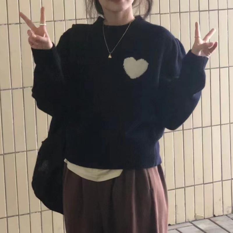 

YYFS Женская мода Повседневный Осень Зима Love Letter Print Длинные рукава O-образный вырез свитера Size: One Size темно-синий