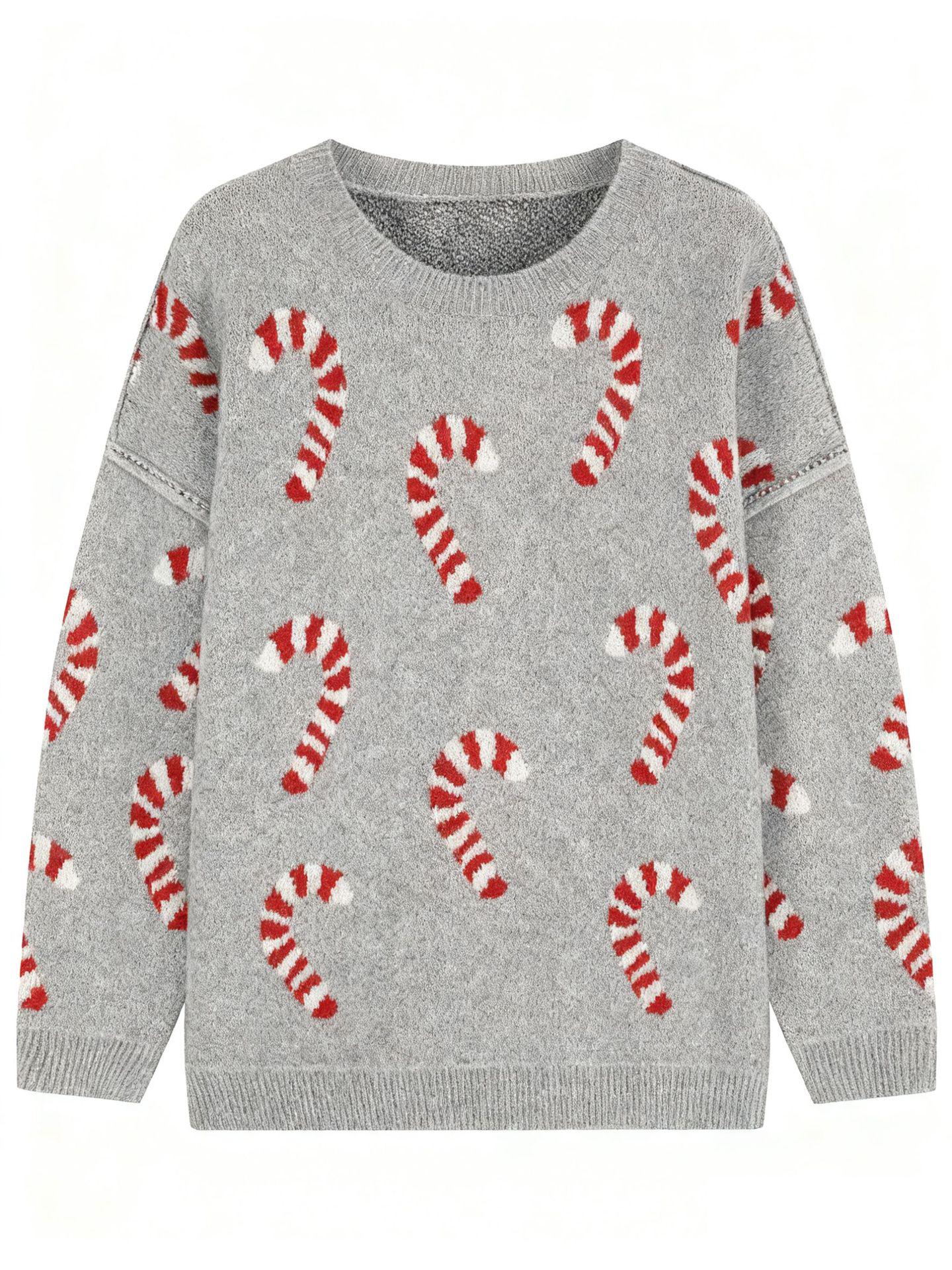

2025 Autumn/Winter Women s Cross-Border Candy Cane Sweater, Long-Sleeve, Round Neck, Plus Size, Loose Fit 3XL світло-сірий колір
