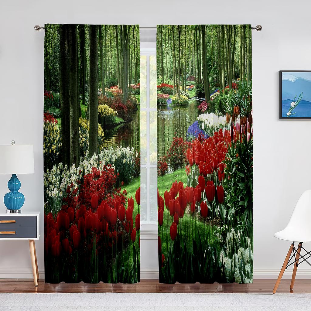 Garden Tulip Flower Field Trees Sheer Voile Curtains for Living Room Bedroom Balcony Party Decor Tulle Curtains Window Treatment