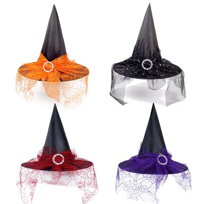 Chapeau de Sorcière Chapeau d'Halloween Décorations Accessoires pour Adultes Enfants Cosplay Sorcière Taffetas de Polyester Coiffure Gaze Filet Sorcière Halloween