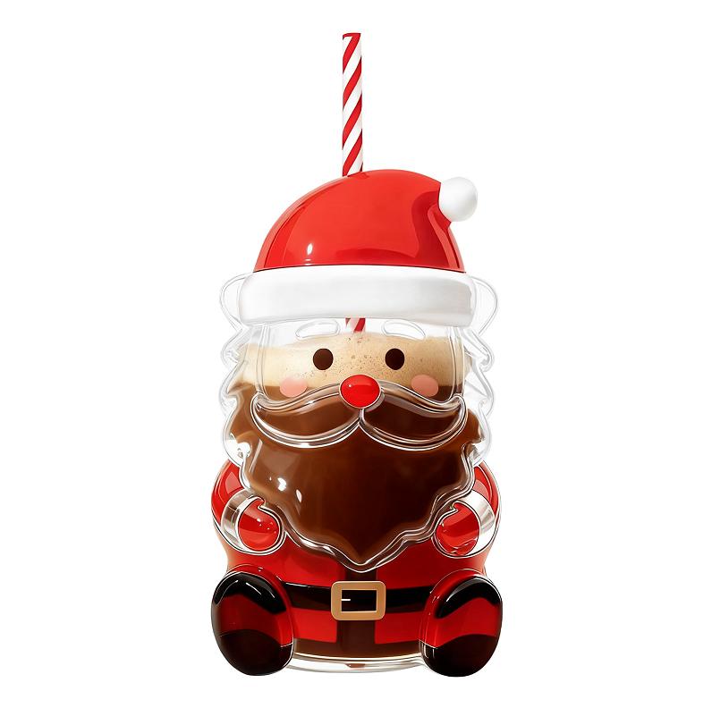 Christmas-themed Glass Straw Cup With Cute Transparent Design And A Green Hat - An Adorable Water Bottle.