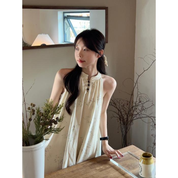 New Chinese style halterneck slip dress women s summer new cool Zen niche design long skirt S