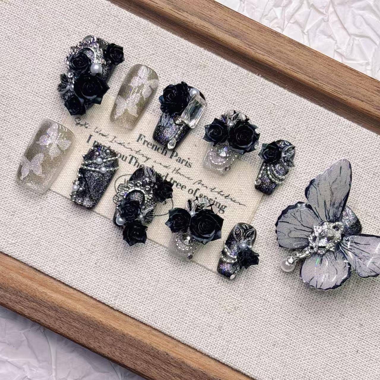 11-Finger Dark Black Series Fairy Butterfly High-Quality Handmade Short Wearable Nails