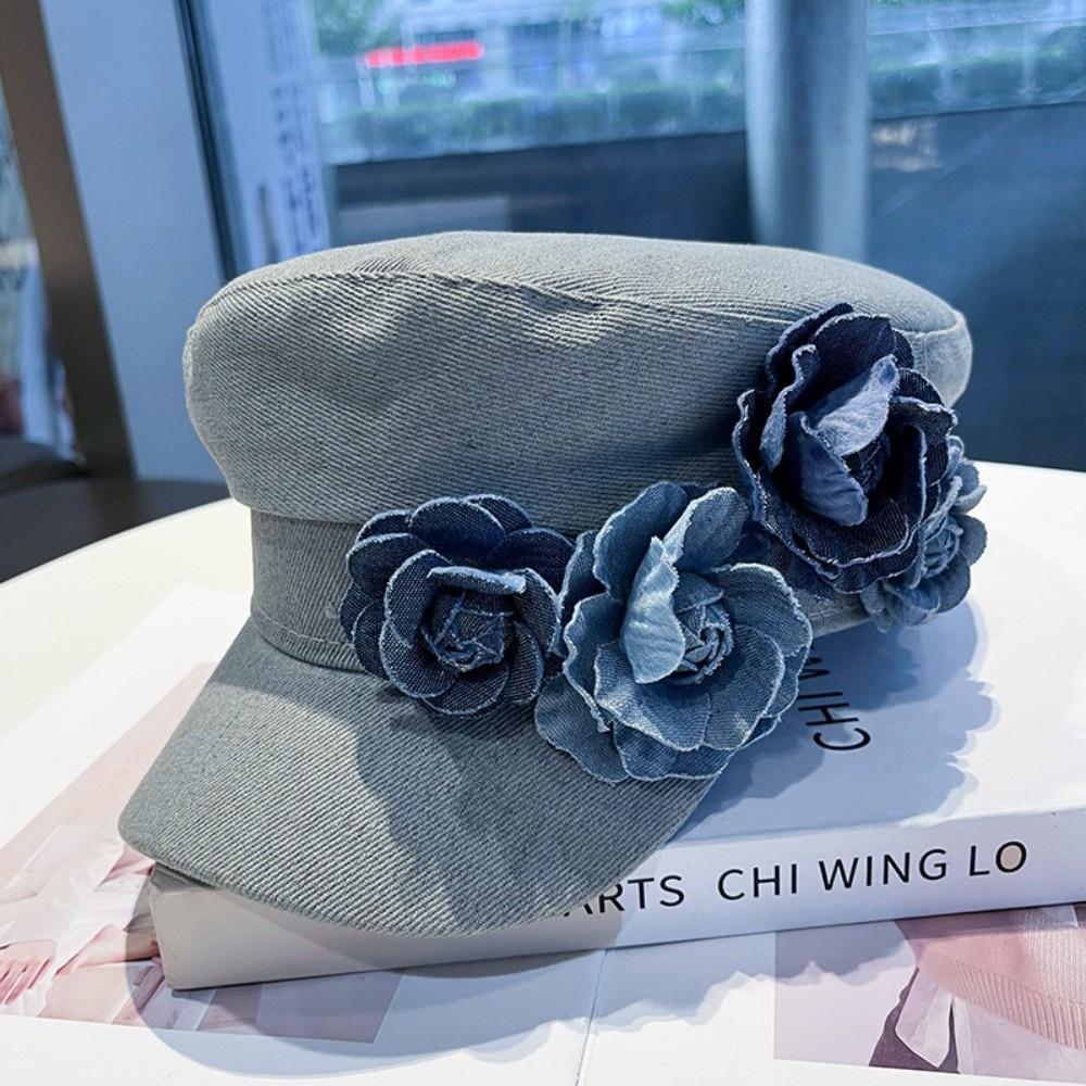 Adjustable Flower Flat Top Hat Artistic Painter Caps Trendy Denim Camellia Beret Hat  Travel
