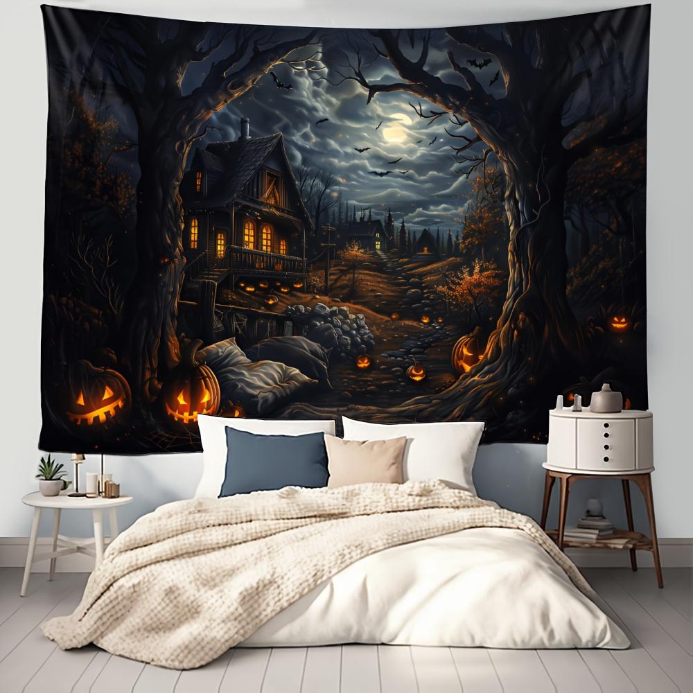 Halloween Gothic Wall Tapestry Night House Pumpkin Lantern Full Moon Dead Tree Bat Horror Ghost Party Decoration