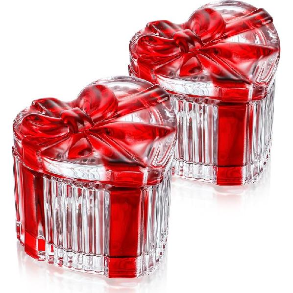 канпура Набор из 2 стеклянных конфетниц на День святого Валентина с крышками, контейнеры для конфет в форме сердца для свадебной вечеринки, красные Red,Heart