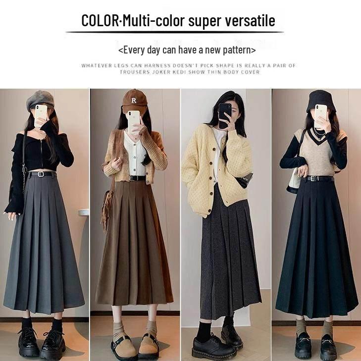 2026 Women's Petite High-Waisted Gray Wool Blend Pleated A-Line Skirt - Autumn Style
