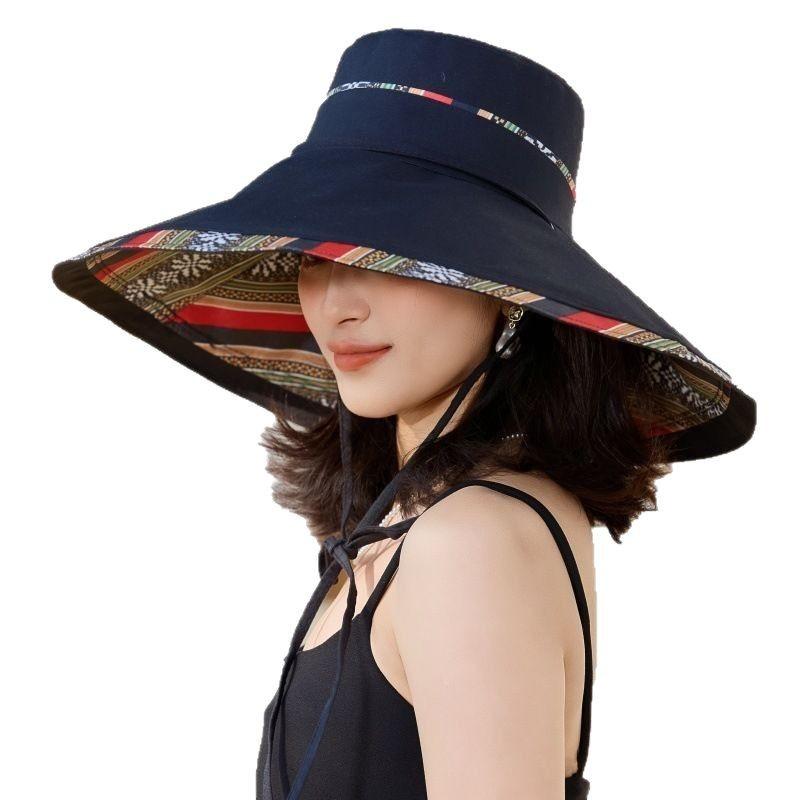 New Ethnic Style Foldable Double-sided Bucket Hat Super Large Edge Sun Hat Travel Vacation UV Protection Sun Hat