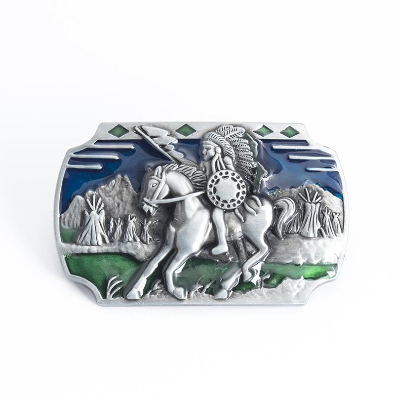 Rectangular Blue Green Leather Belt Buckle - Indian Horse Riding Style