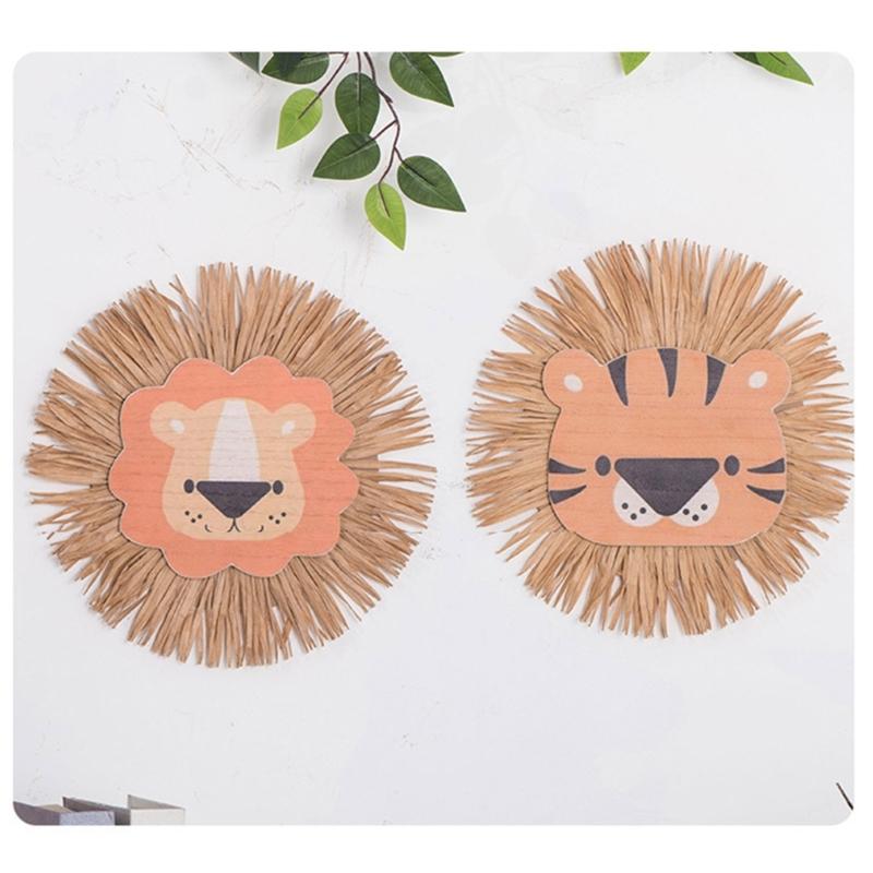 Cartoon Lions Hangings Decorations Creative Animal Head Ornament Handwovens Raffias Wall Decors for Farmhouses Bedroom Home